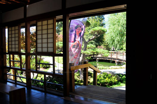 Inside Japanese Teahouse and Flag