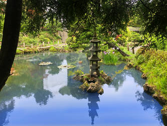 Japanese Garden Lantern Pond Lily Pads Steps
