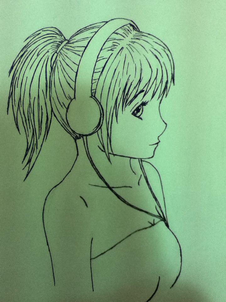 Anime girl with headphones line drawing by jade13kiki on DeviantArt
