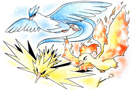 The legendary birds: Articuno, Moltres and Zapdos by LookDem on DeviantArt