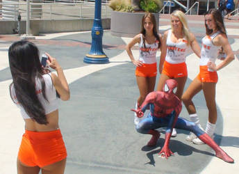 Spider-Man joined in with four Hooters waitresses