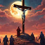 Jesus on cross sunlight dusk dawn moon
