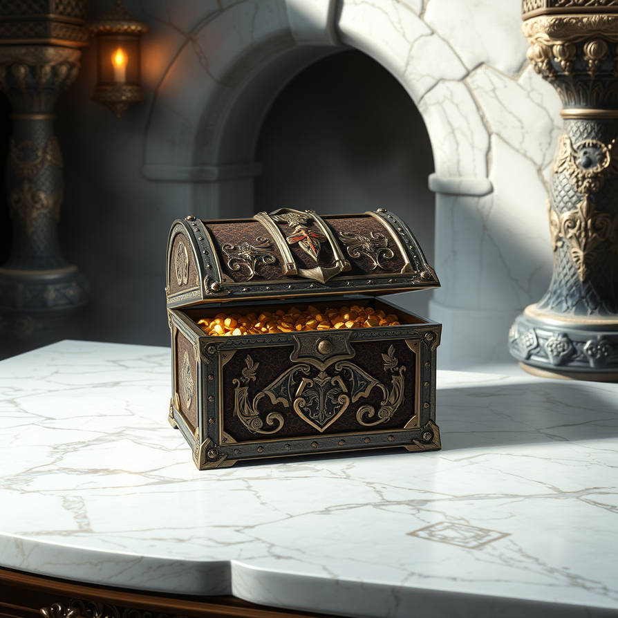Medieval royal treasure chest on white marble