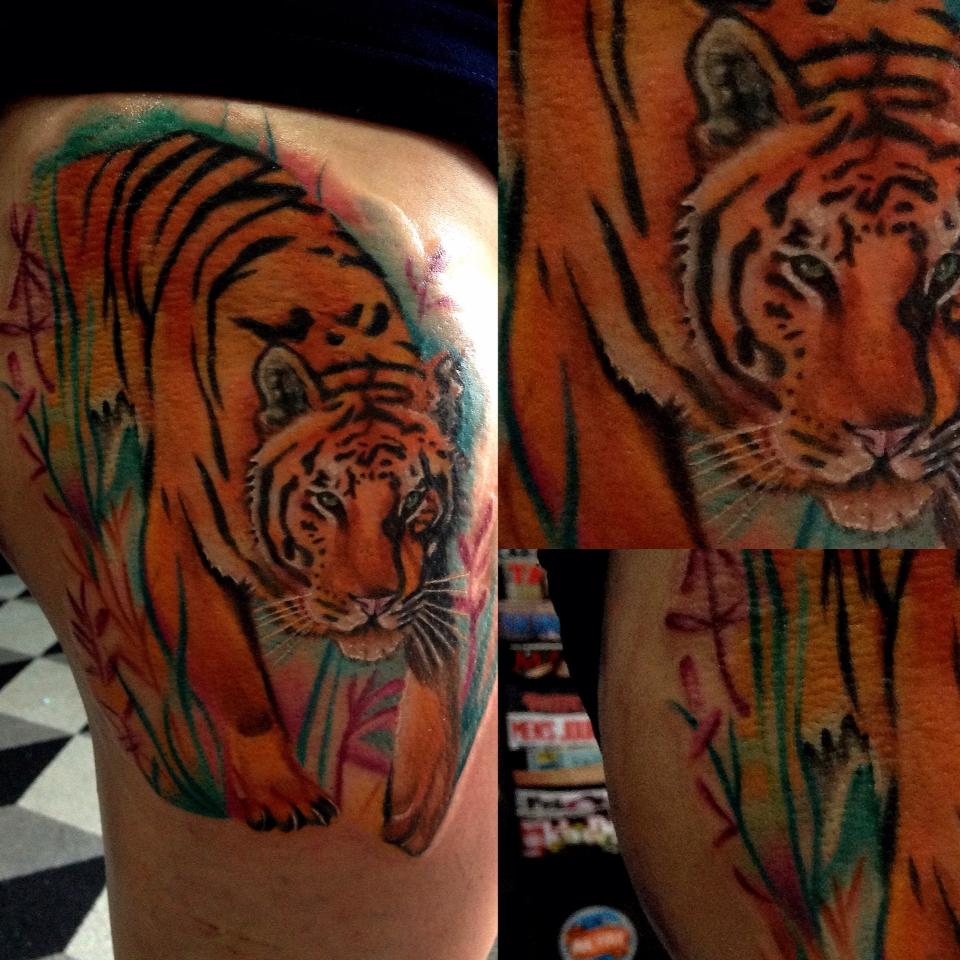 tiger and watercolor flowers thigh tattoo by AirEelle on DeviantArt
