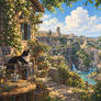 Sunlit Castle Cliffs with a Resting Cat