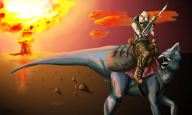 Steampunk Shakespeare Riding Dino in Apocalypse