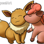 Vulpix kissing Eevee in the cheek