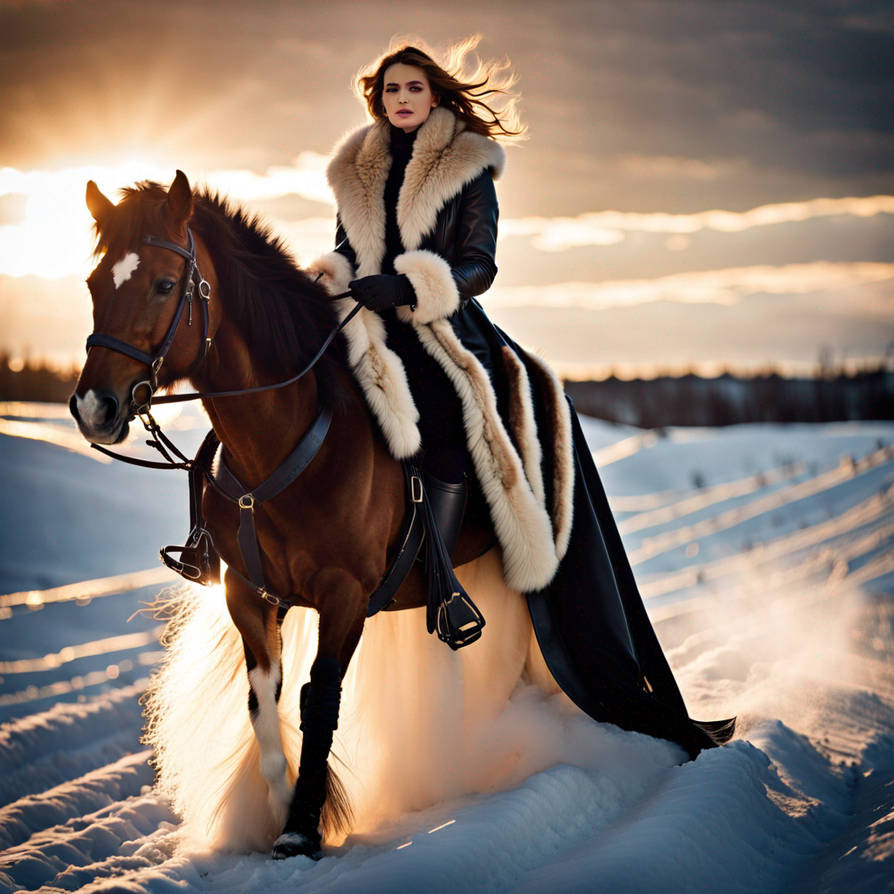 Lady riding horse wearing huge floor length fur tr