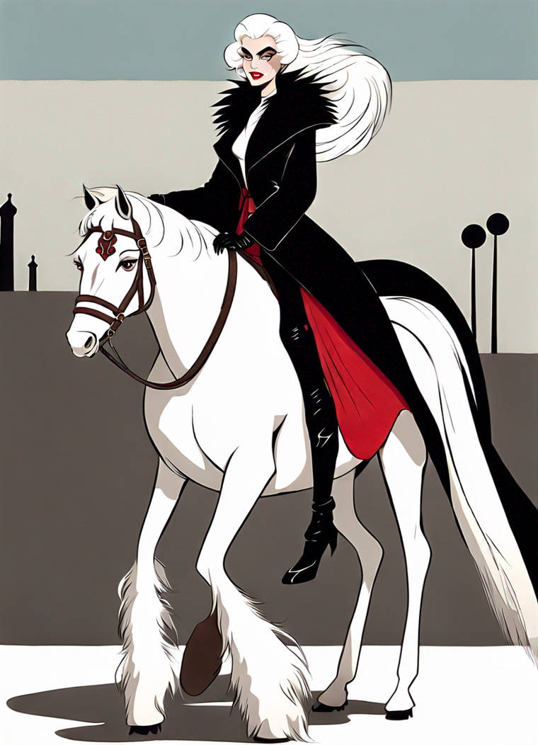 Cruella riding on horse wearing very long floor l