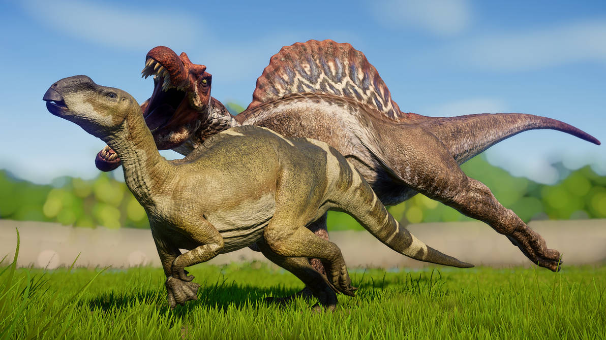 Spinosaurus hunts Muttaburrasaurus by DracoTyrannus on DeviantArt
