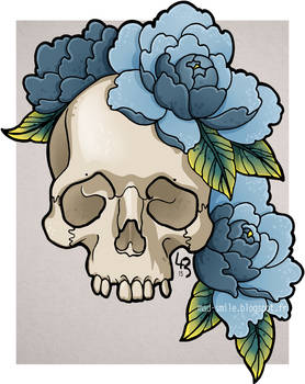 Skull and  Blue Peonies