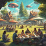 People picnicking on a village green in futuristic