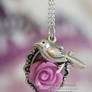 Purple and Silver Rose and Bird Necklace Pendent