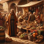 A medieval merchant offers various goods