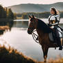 Woman On Horse Wearing Armor By A Lake