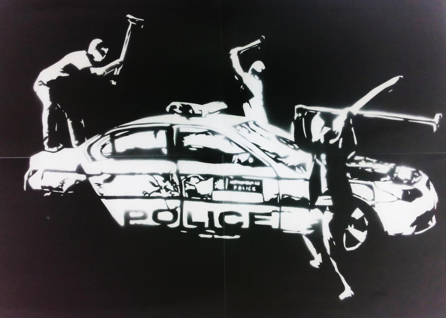3 hooligans Smashing Up Police Car Stencil