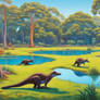 Landscape with lush lawns,platypus,kangaroos 