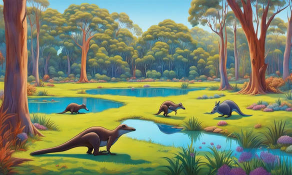 Landscape with lush lawns,platypus,kangaroos 