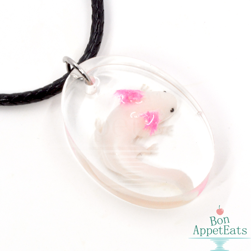 Oval Pink Axolotl Resin Pendant Necklace