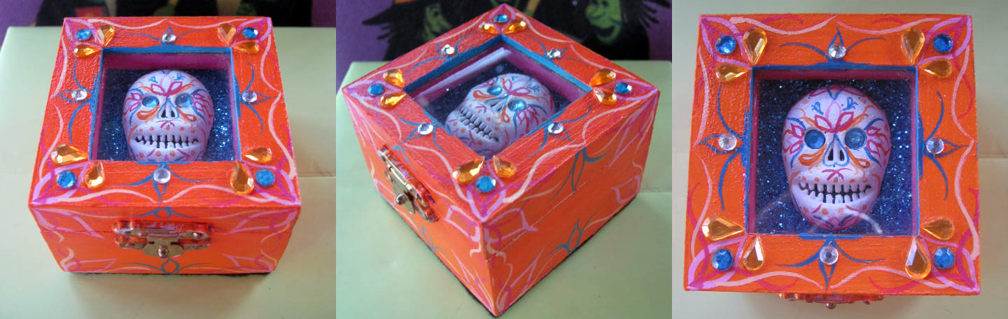 Orange Glitzy Folk Art Sugar Skull Box