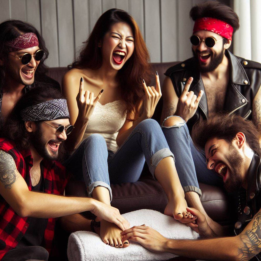 Rockende Gemeinschaft kitzelt Frau an den Fuessen by kitzelfolter on ...