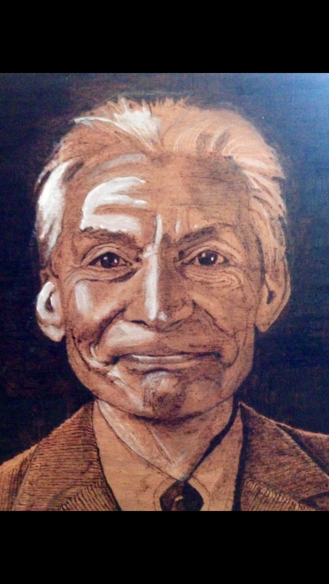 Charlie Watts portrait wood burn