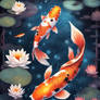 Koi Fish, Water Lilies, and Stars 