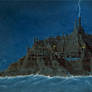 Skyship City at night, in a storm. Lake overflowin