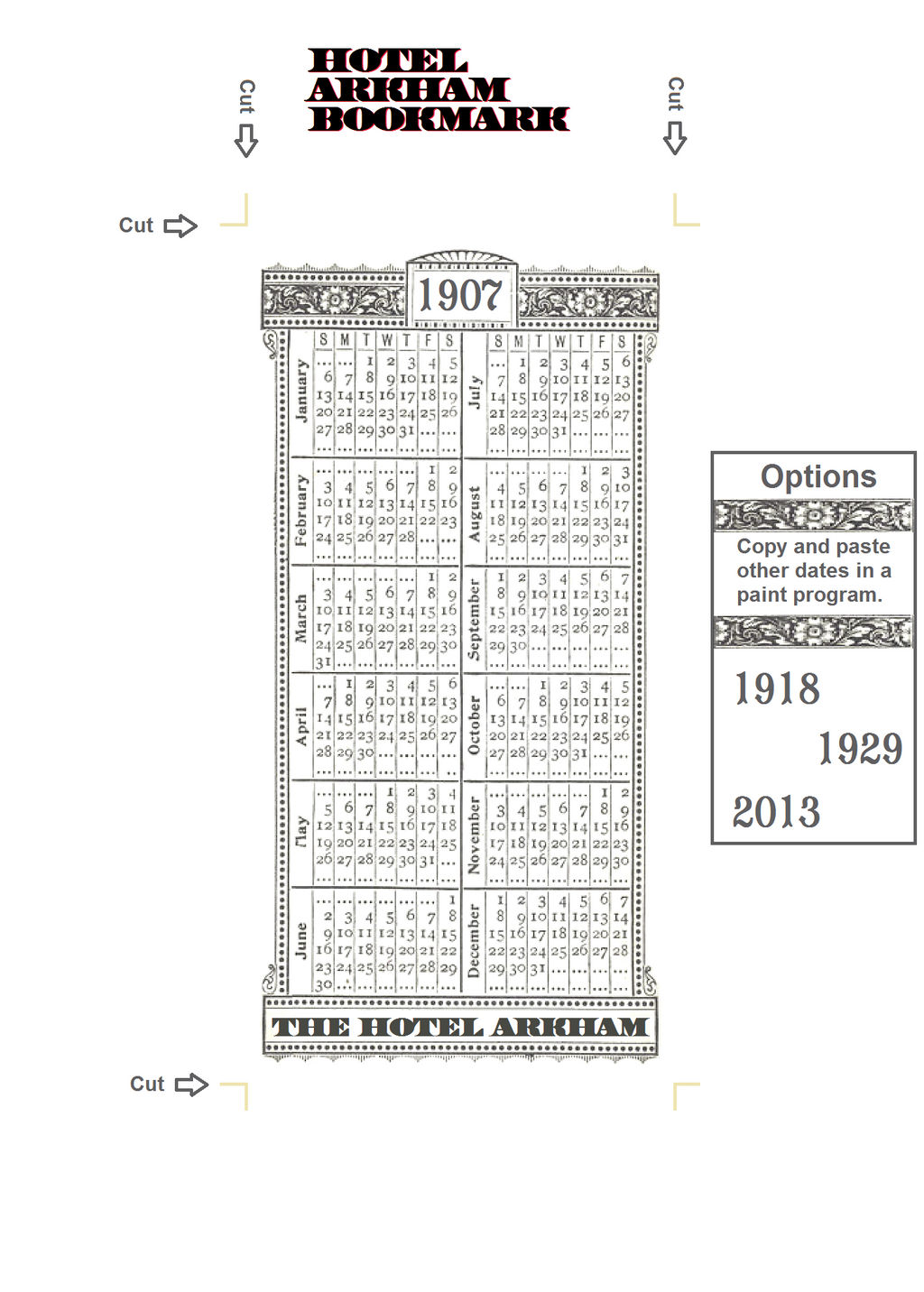 Hotel Arkham Calender Bookmark (front)