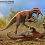 Australovenator hunting a baby Diamantinasaurus