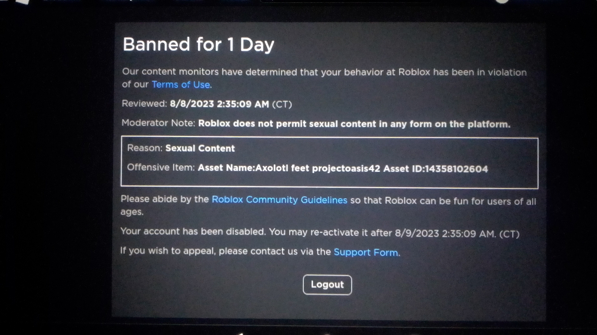 Roblox Banned for 1 Day No Axolotl feet by luisemo on DeviantArt