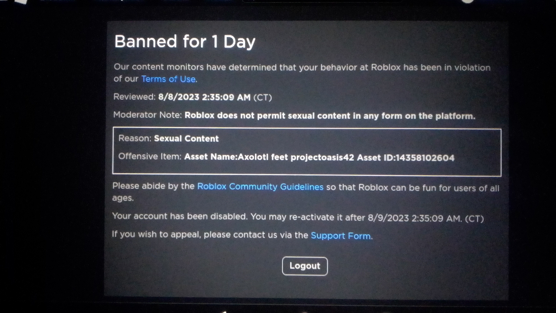 My roblox account has been disabled for a day.