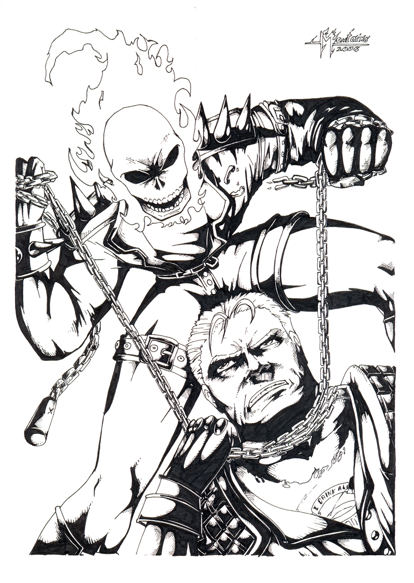 Ghost Rider black and white drawing - Motoqueiro Fantasma preto e