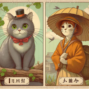 Cat and lady cat Ghibli Style