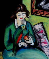 Girl in Green Dress Feeding Parrot, Beckmann