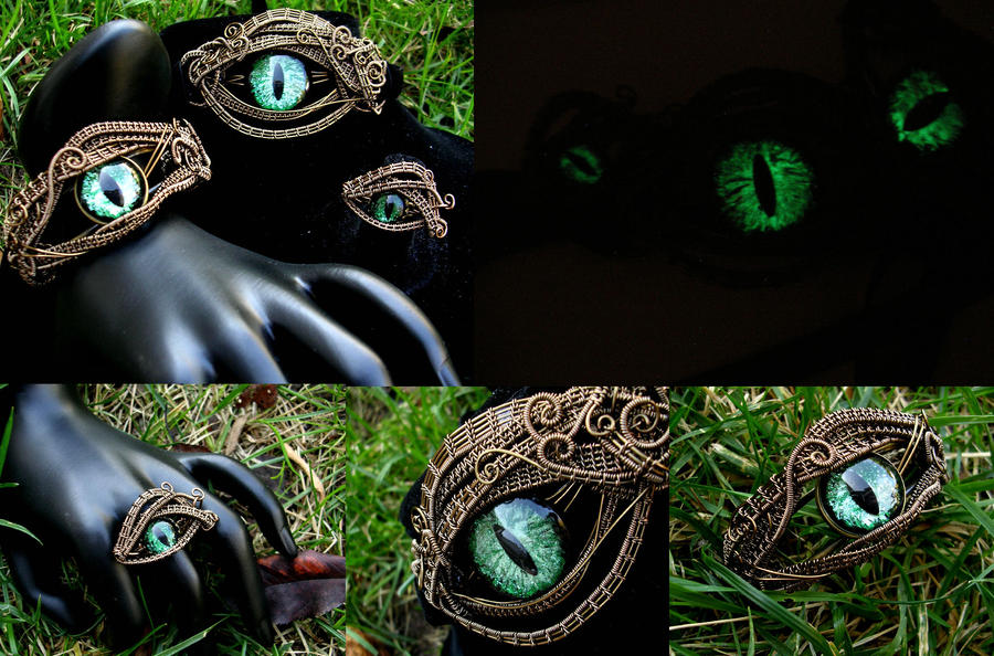 Steampunk Gothic Green Dragon Eye Bronze Wire Set