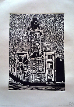 Linocut: Old Town Hall in Prague