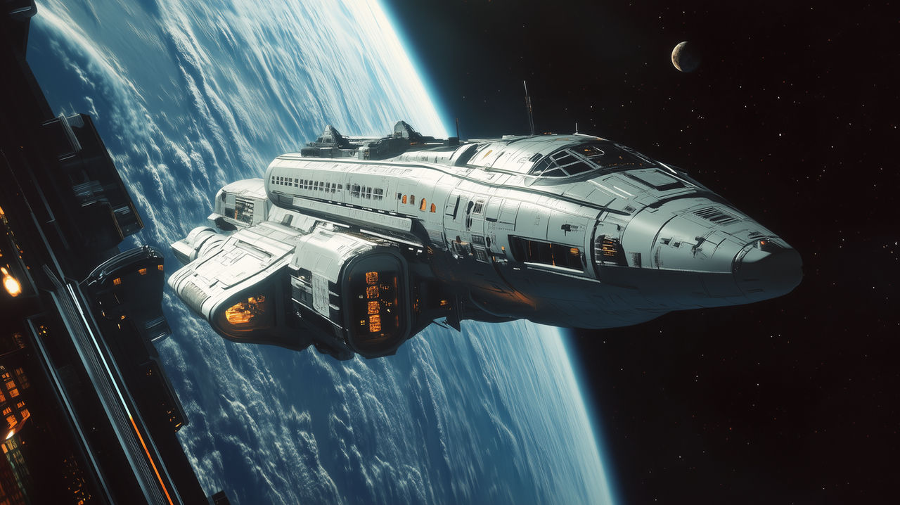 Spaceship undocking from the station by Promptist on DeviantArt