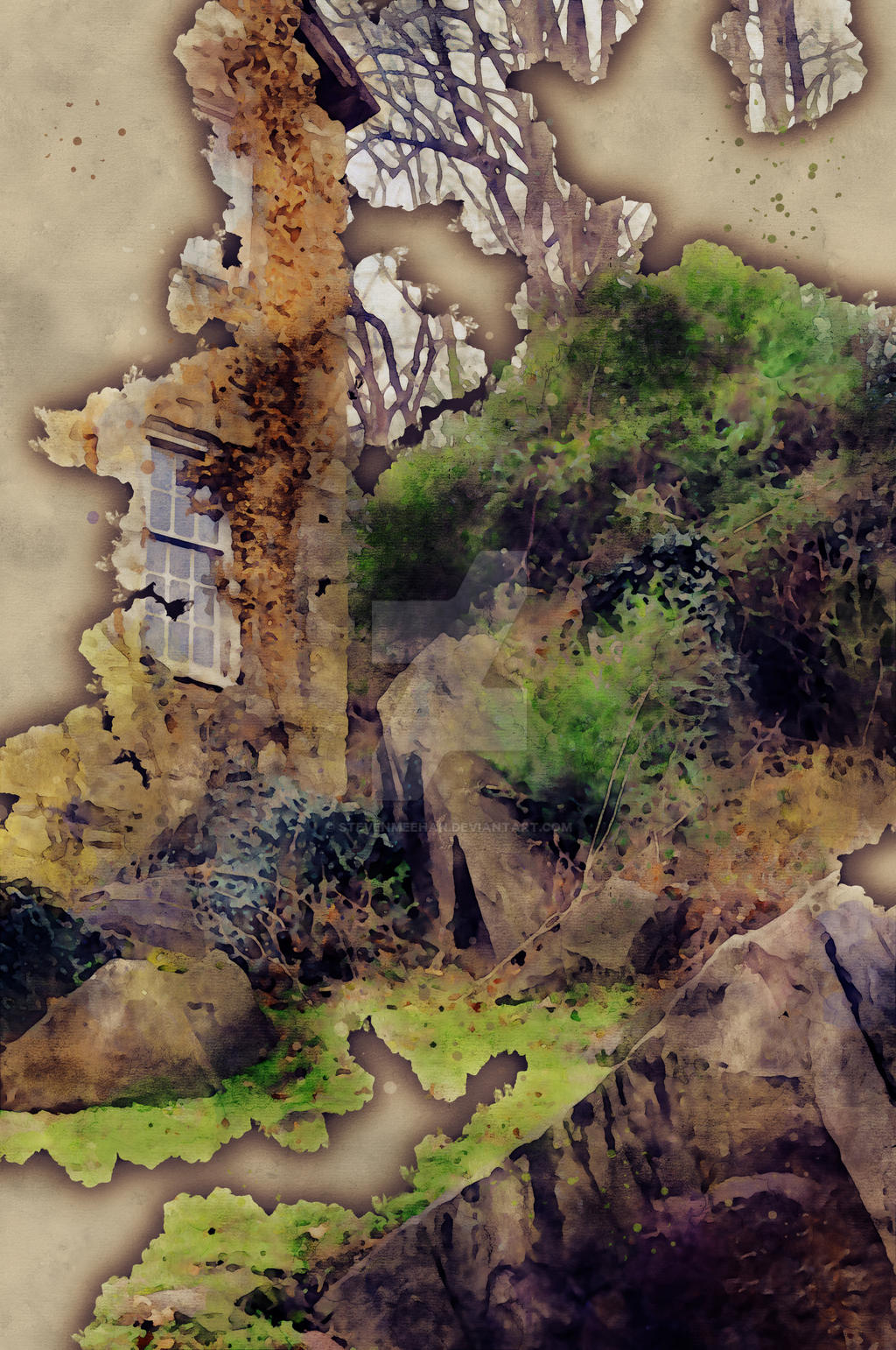 An aged stone structure being slowly reclaimed by nature, rendered in watercolor