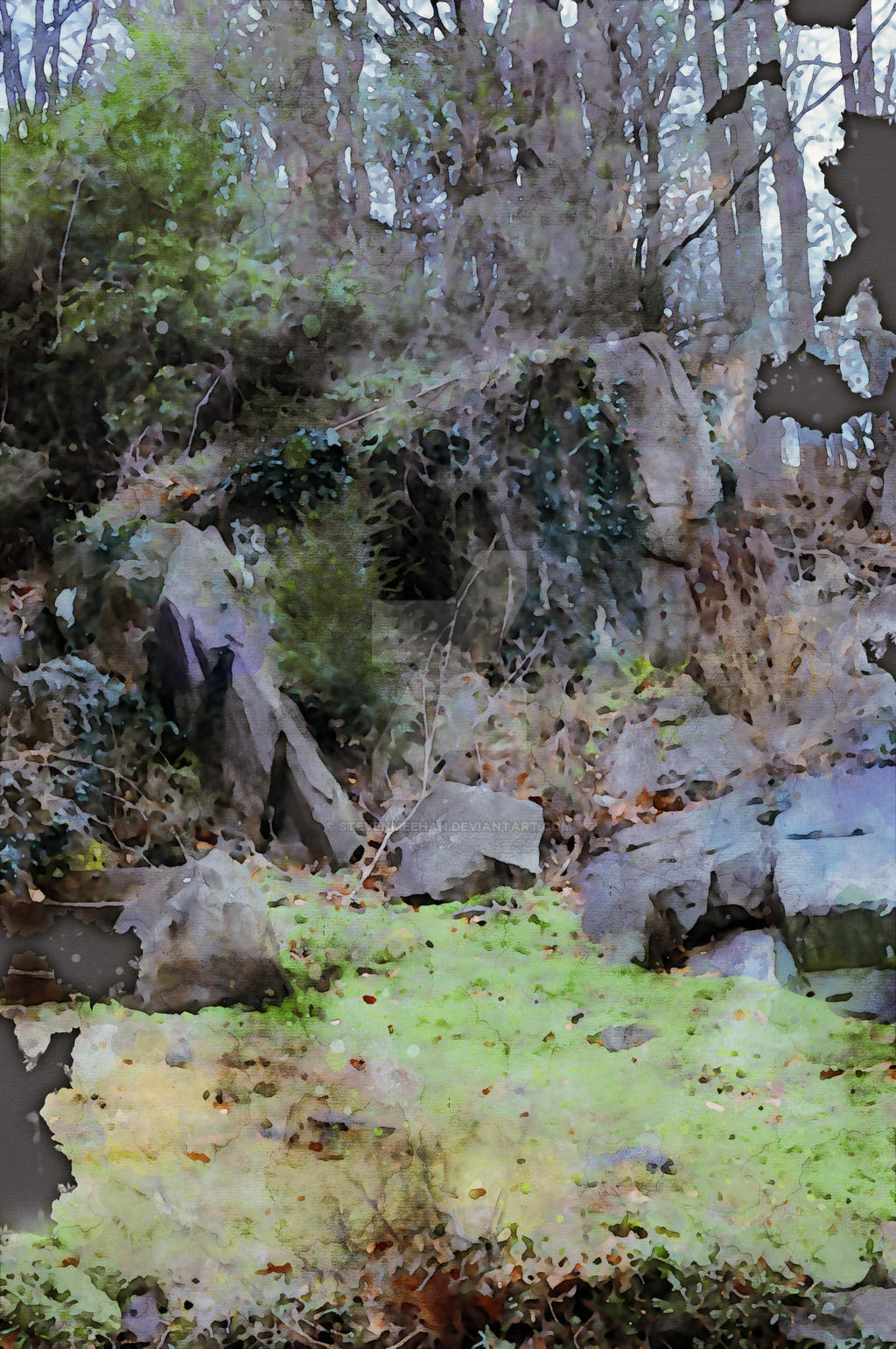 Scattered stones on the ground along a path, rendered in watercolor