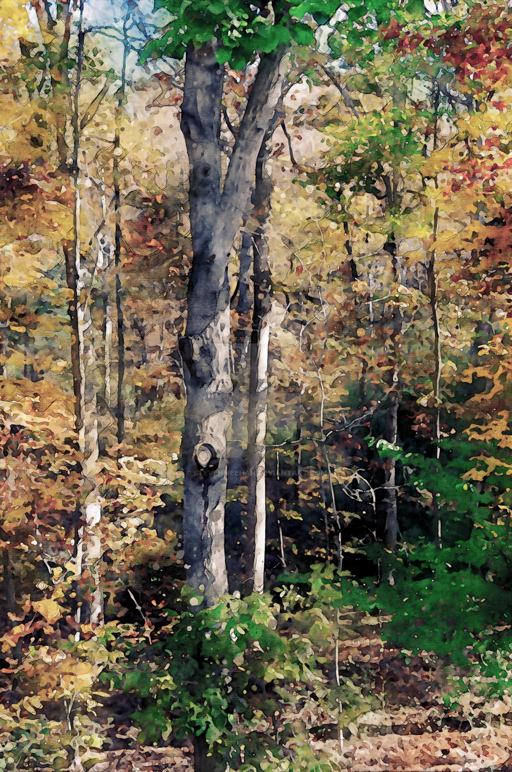 Two green trees standing among autumn foliage, rendered in watercolor