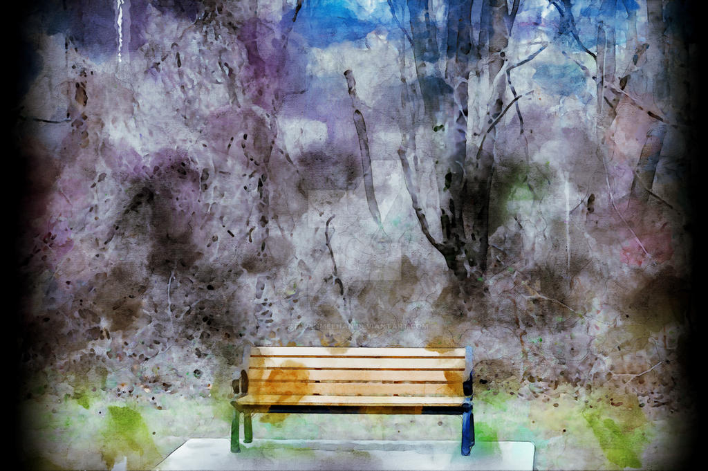 A bench on a trail cloaked by bare winter trees, rendered in watercolor