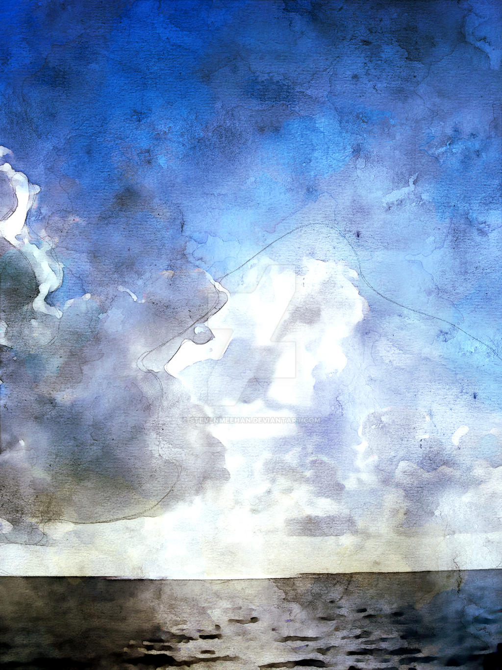 Sunlight breaking through clouds over the ocean, rendered in watercolor