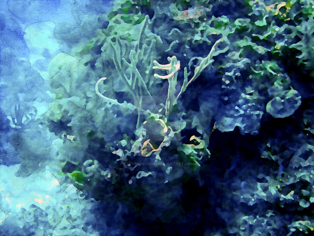A vibrant coral reef ecosystem blooming on the sea floor, rendered in watercolor