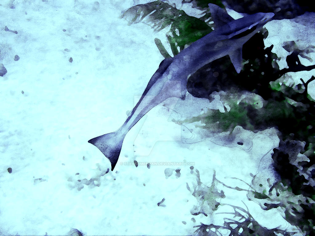 An unusual fish with distinctive markings swimming through seaweed, rendered in watercolor