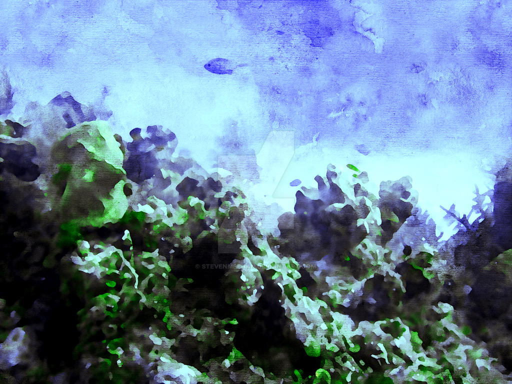 Fish hovering above an extensive coral formation like birds over mountains, rendered in watercolor