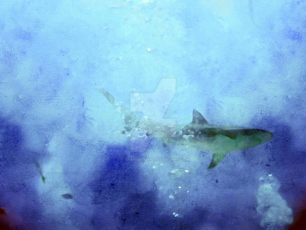 A reef shark cutting through diver air bubbles without hesitation, rendered in watercolor
