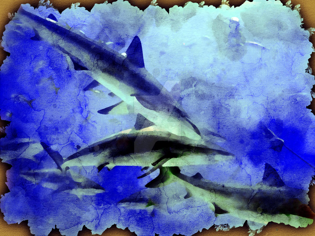 Multiple reef sharks converging at a feeding frenzy, rendered in watercolor
