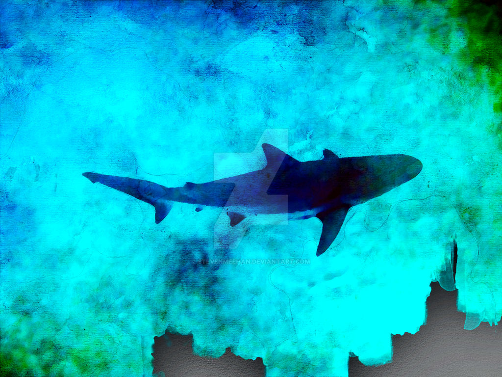 A reef shark streaking across the ocean floor as divers ascend, rendered in watercolor