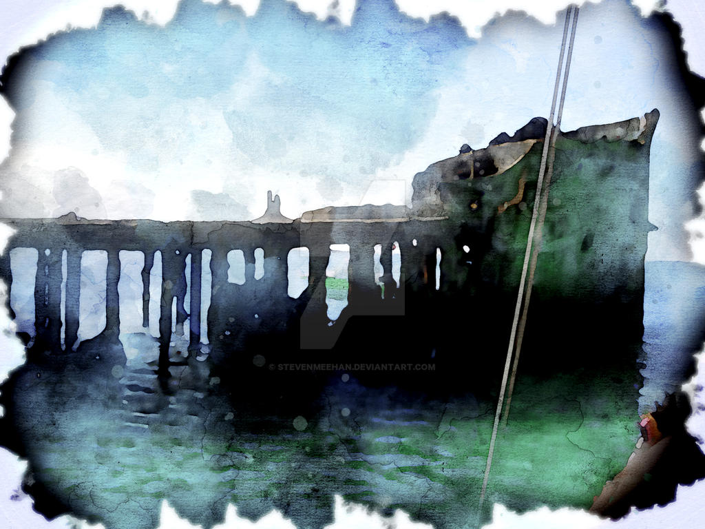 A partially submerged shipwreck rising from the Caribbean sea, rendered in watercolor